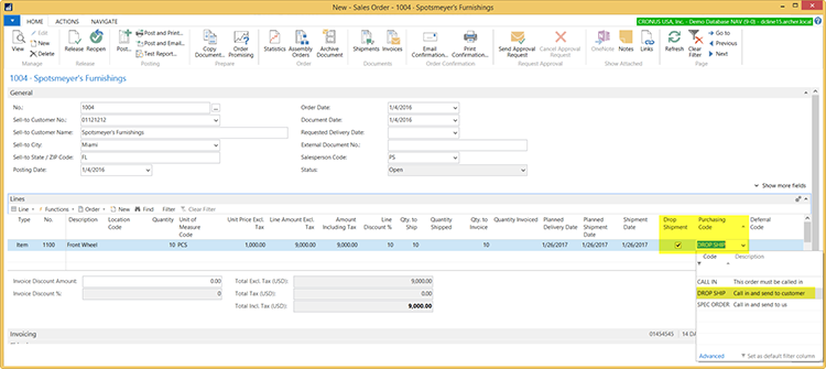 Select the purchasing code for the Drop Shipment.
