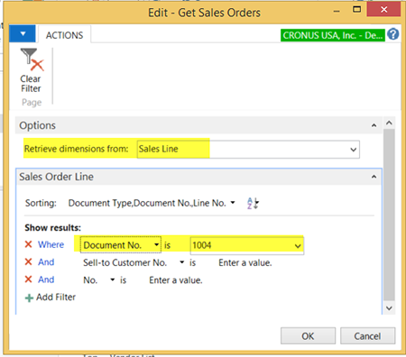 Fill in the filters in the Get Sales Order window.