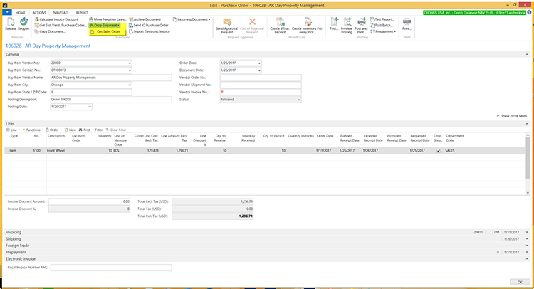 Use the function Drop Shipment, Get Sales Order to link to the relevant sales order.