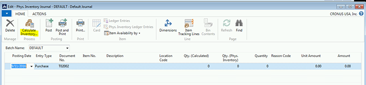 Physical Inventory Journal with Calculate Inventory function highlighted.