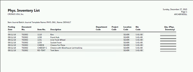 Physical Inventory List printout.