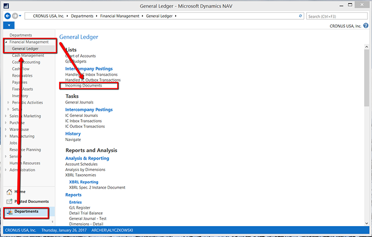 CRONUS USA, Inc./Departments/Financial Management/General Ledger menu, Incoming Documents.