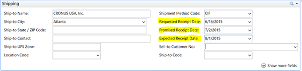 Requested Receipt Date, Promised Receipt Date, and Expected Receipt Date fields highlighted.