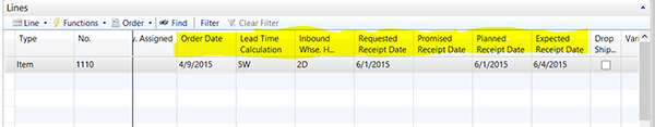 Purchase Order Line with date fields highlighted.