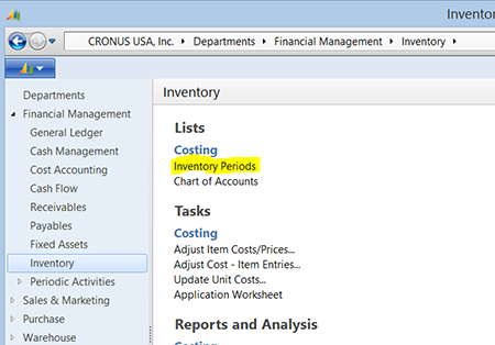 The Inventory Periods page can also be accessed directly from Departments -> Financial Management -> Inventory