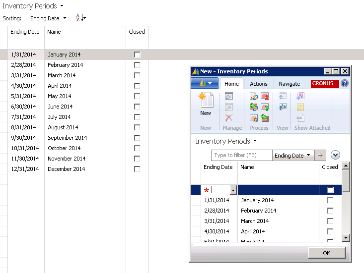 Screenshot of the Inventory Period Screen in Dynamics NAV 2013