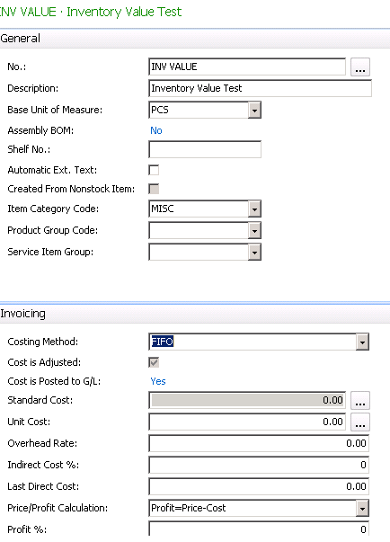Create a new item with the Costing Method FIFO