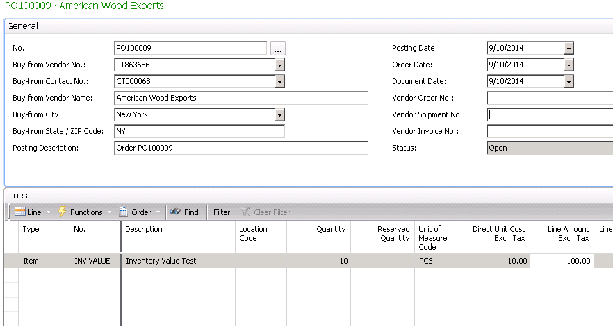 Create a Purchase Order for quantity of 10 and Direct Unit Cost of 10.00