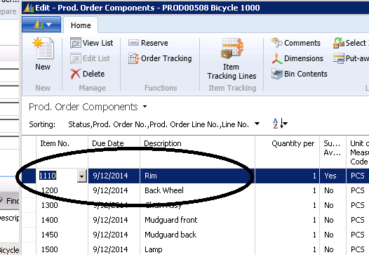 The production order component list shows the substitution