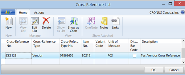 Selecting the Cross-Reference No. automatically populates the remaining fields for that vendor