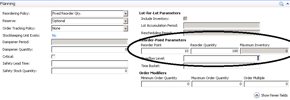 Choosing Fixed Order Quantity opens fields for Reorder Point and Reorder Quantity