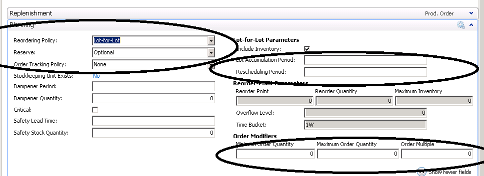 For MRP planning, setting the Reordering Policy to Lot-for-Lot opens different replenishment fields