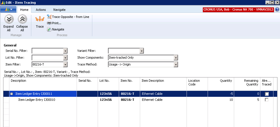 To view results, filter on your lot or serial numbers in the Item Tracking screen