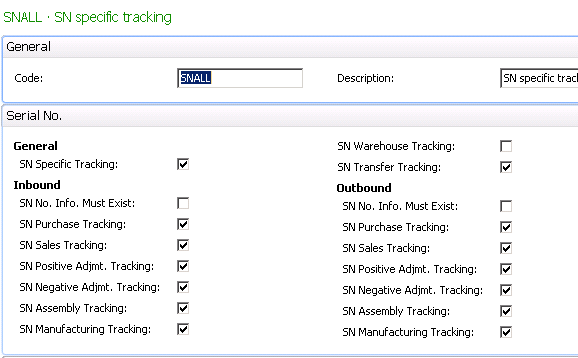 Setup Screen for Serial Number Specific Tracking