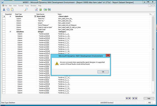 Screenshot showing the error regarding a supported version of Visual Studio
