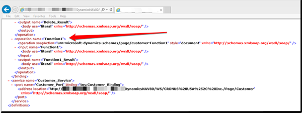 View of the WSDL of the published page showing the codeunit is included