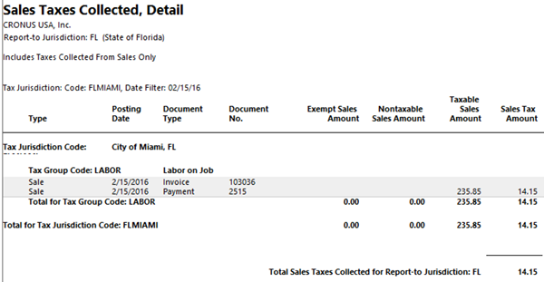 Sales Taxes Collected Report after payment is received.