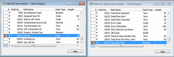 Screenshot showing the fields of Table 36-Sales Header and Table 112-Sales Invoice Header