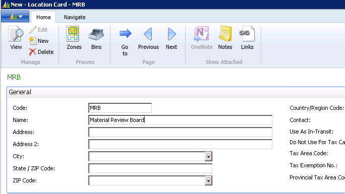 Create a Location Card named Material Review Board (MRB) for non-conforming material
