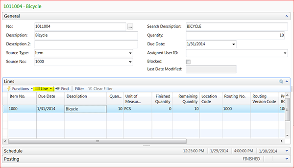 Changing the components for an order: Select the production order line