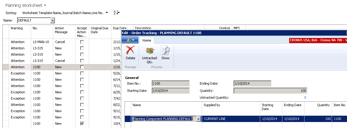 Order Tracking information for Item 1100