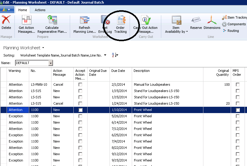 Planning Worksheet from NAV 2013 – Action Messages for Item 1100