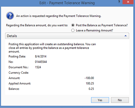 Payment Tolerance Warning Window