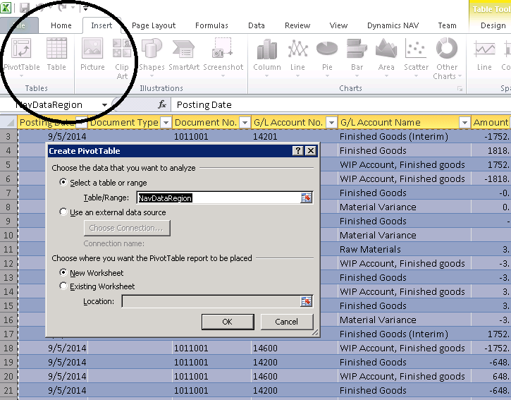 Select “Insert/Pivot Table” which opens the Pivot Table Options Dialog Window
