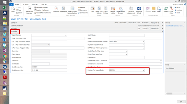 Define the Positive Pay Export Code, located on the Transfer FastTab.