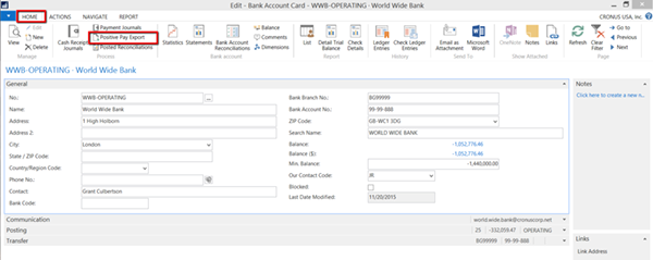 Bank Account card, Positive Pay Export.