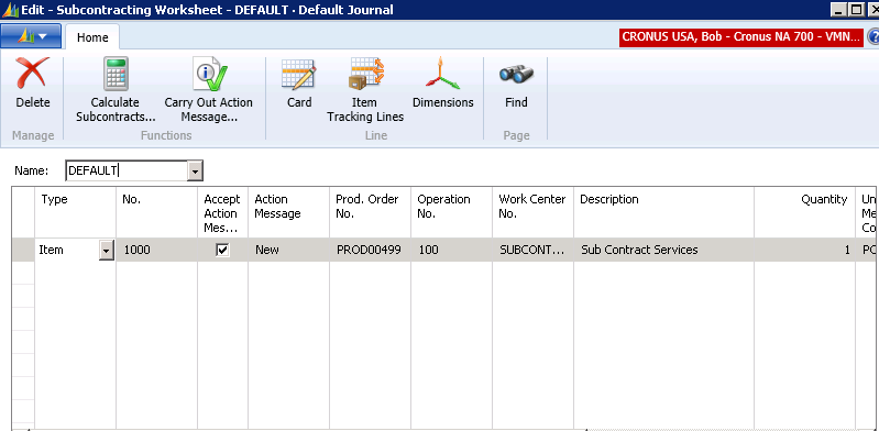 The Subcontracting Worksheet is populated