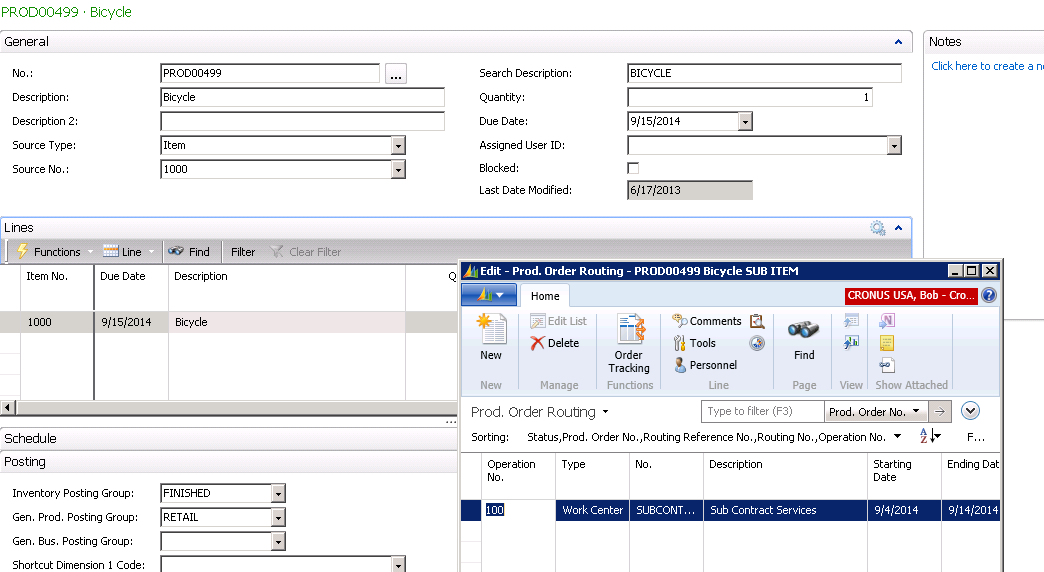 Released Production Order Routing