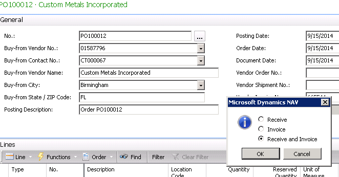 Select Receive and Invoice for this Purchase Order