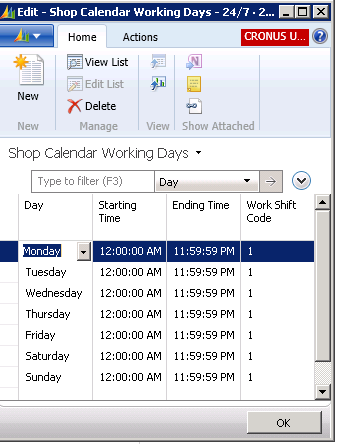 Shop Calendar Working Days for 24/7