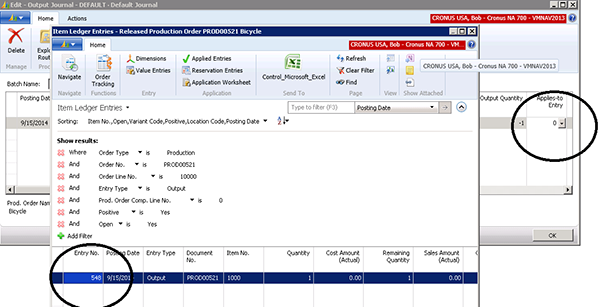Screenshot showing that ‘Applies to Entry’ was selected after being created when the original output was posted
