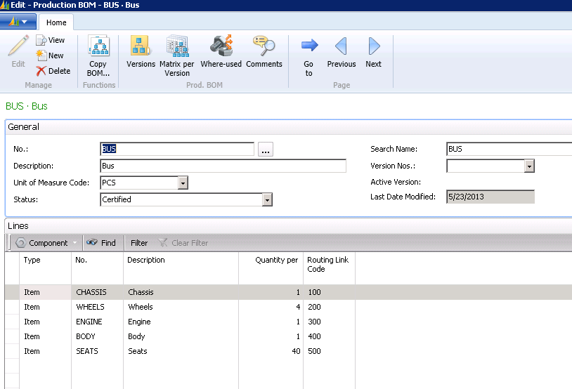 Bill of materials for bus components - the components also have Routing Link Codes