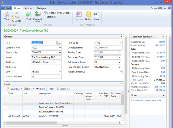 Editing the Service Invoice shows the Service Contract details are in the Lines section of the invoice