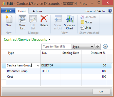 Contract/Service Discounts allows users to specify discount percentages for covered items