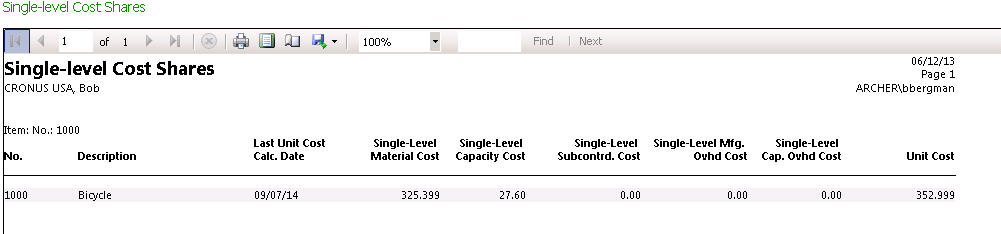 Dynamics NAV Single Level Cost Shares Report