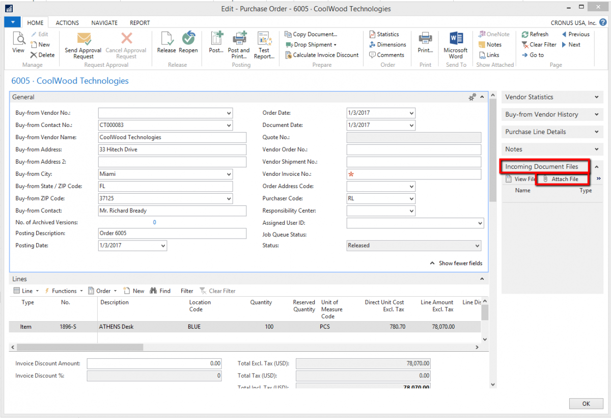 Purchase Order with Attach File button in Dynamics NAV