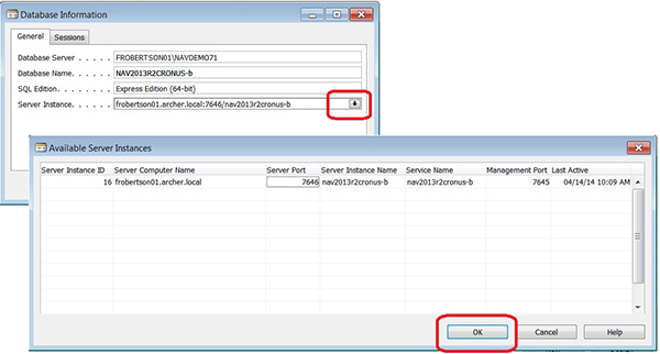 Selecting a Database Server Instance from the Database Information screen