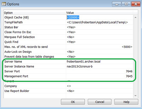 Opening a database instance populates the fields related to Server and Service in the Tools->Options page
