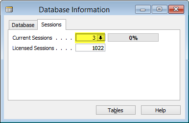 Screenshot: View of the Database Sessions Information window