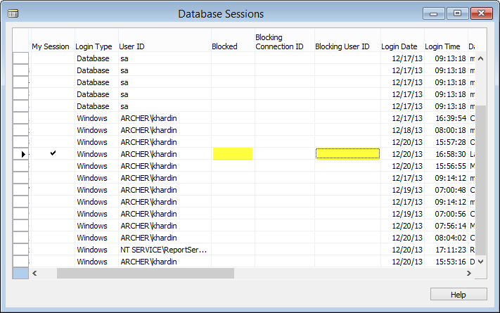 Screenshot: Drilldown to the Current Database Sessions field to view all open sessions, including blocking sessions and users