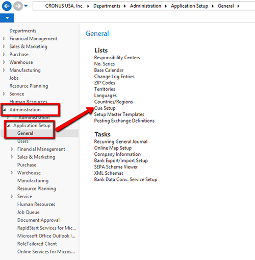 Accessing the Cue setup for administrators