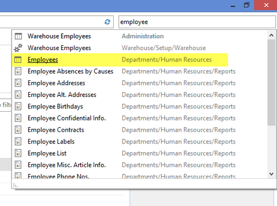 Search window with “Employee” selected.