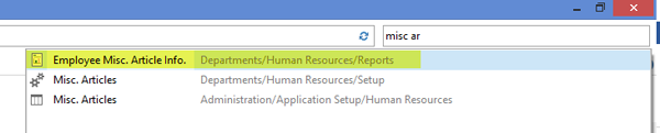 Search box with “Employee Misc. Article Info” typed in