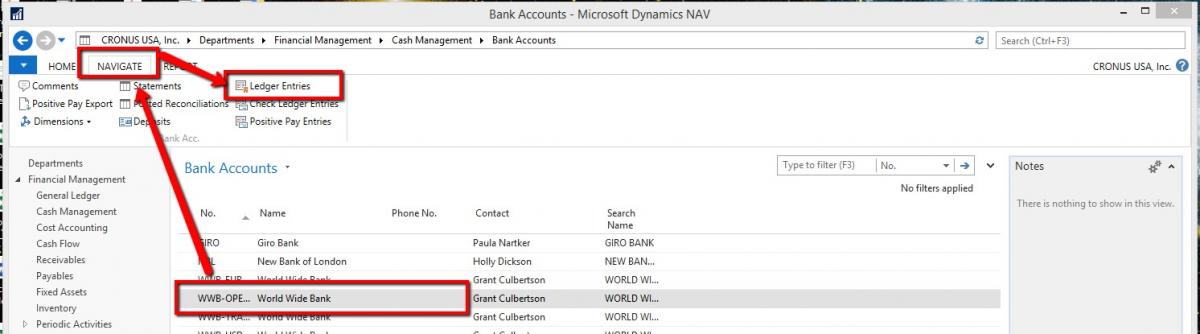 Selecting Ledger Entries option from Dynamics NAV Bank Account