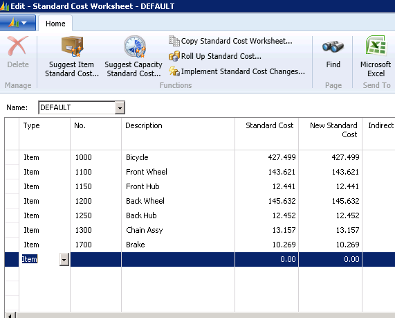 The Standard Cost Worksheet shows the standard is set at 427.499