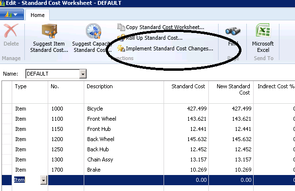 Selecting the “Implement Standard Cost Changes” from the Standard Cost Worksheet…